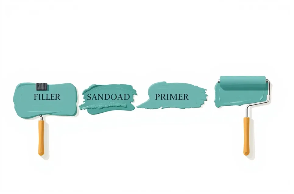 Outils de peinture disposés dans l'ordre des étapes du chantier
