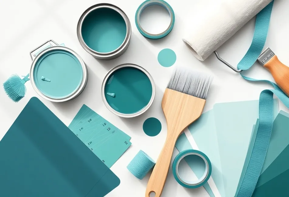 Pots de peinture, nuancier, brosses et rouleaux disposés à plat