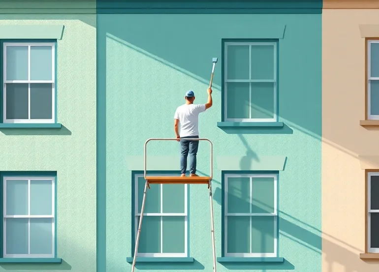 Peintre sur échafaudage traitant la façade d'une maison