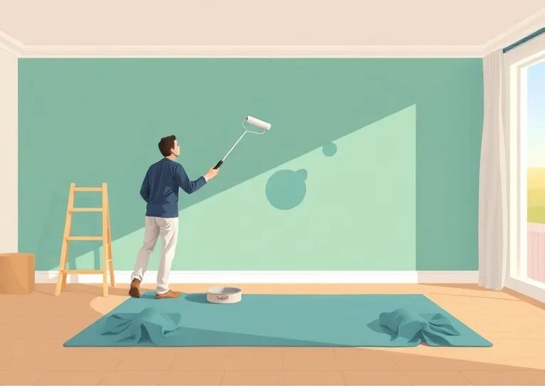 Peintre appliquant la peinture au rouleau sur un mur de salon