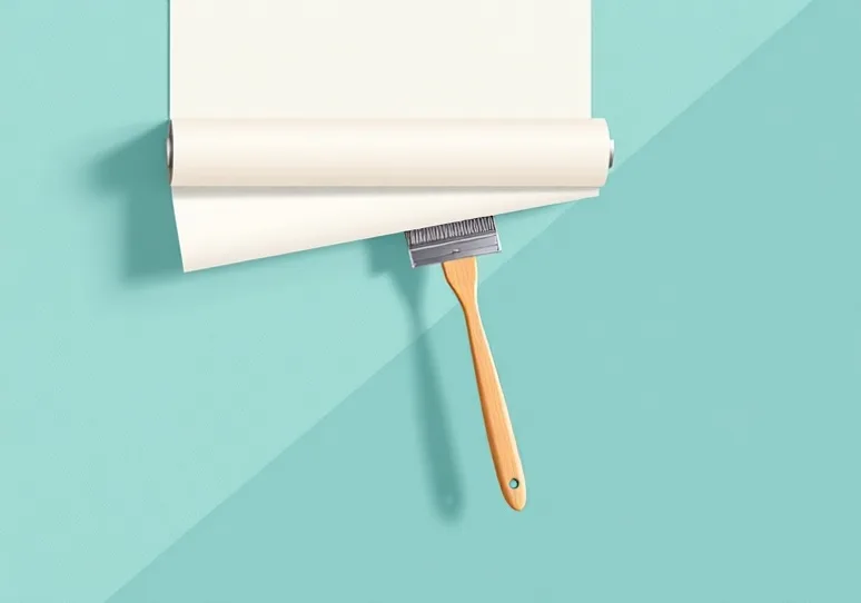 Pose de papier peint, rouleau et brosse à maroufler